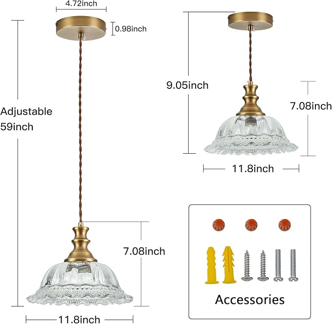 HDDFL Glass Pendant Lights Modern Pendant Lighting Fixtures 11.8 in Brushed Finish Hanging Lamp for Kitchen Island Bedroom Dining Room Coffee Shop Hallway Hotel Living Room