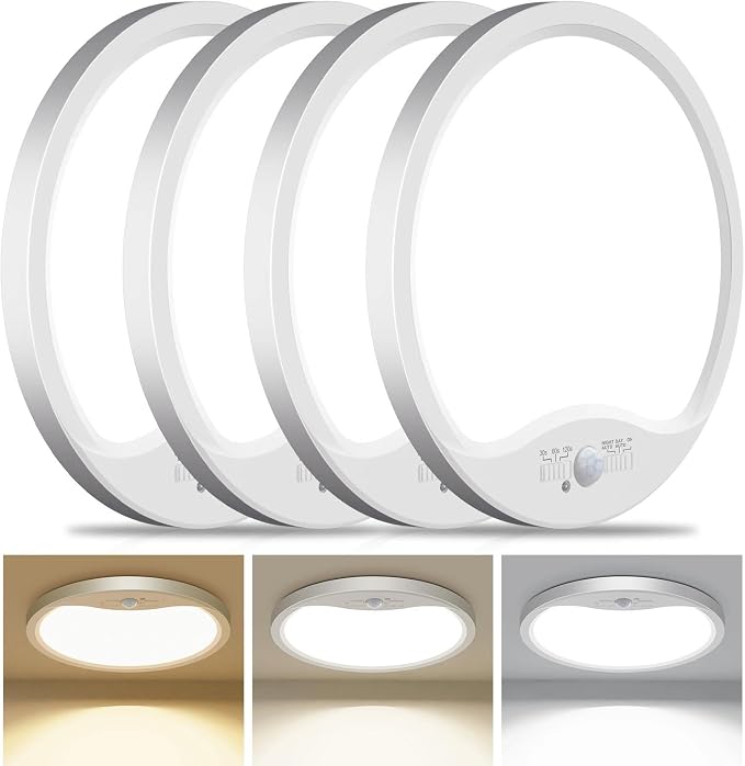 hepside 4 Pack Motion Sensor Ceiling Light Wired, 3000K/4000K/6500K LED Flush Mount Ceiling Light Fixture, 12Inch 24W Motion Sensor Light with Timer for Closet Stair Porch Hallway Pantry,White