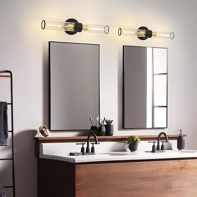 Black and Gold Wall Sconce, Bathroom Light Fixtures in Clear Glass Indoor Wall Sconces, Modern Sconce Wall Lighting Up and Down Vanity Lights Fixtures for Bathroom - Bulb Not Included