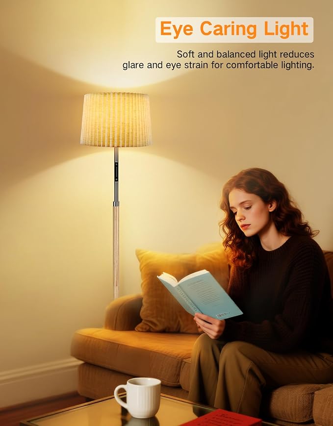OUTON Wood Floor Lamp with Remote & Touch Slider, 4 Color Temperatures, Stepless Dimmable LED Standing Lamp with 2 Interchangeable Fabric Shades for Living Room, Bedroom, Office,Wood