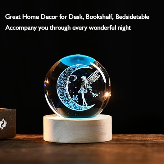 Moon Fairy Crystal Ball Decorative Ball 60mm Fairy Glass Sphere Decor 3D Dreamy Engraving Gifts for Girls Women Fairy Lovers Wedding Gift with Light Base