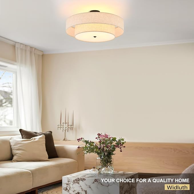 25.6" Black Semi Flush Mount Ceiling Light，5-Light Linen Shade | Large Modern Fabric Drum Light Fixture，E26 Base for Living Room ,Bedroom ,Kitchen ,Dining Room ,Hallway,Closet,Laundry Room