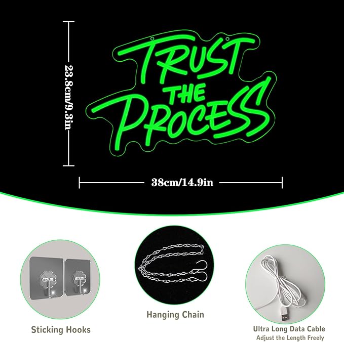 Trust The Process Neon Sign for Wall Decor Green Neon Light Gym LED Sign Dimmable Motivation LED Light Letter Lighting for Bedroom Bar Classroom Gym Office Art Inspirational Alphabet