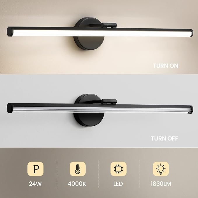 KAISITE Bathroom Vanity Light Over Mirror - 30 Inch Black Vanity Light Fixture 24W 4000K Dimmable Modern LED Vanity Lighting Fixture Rotatable Bath Vanity Light Bar for Bathroom