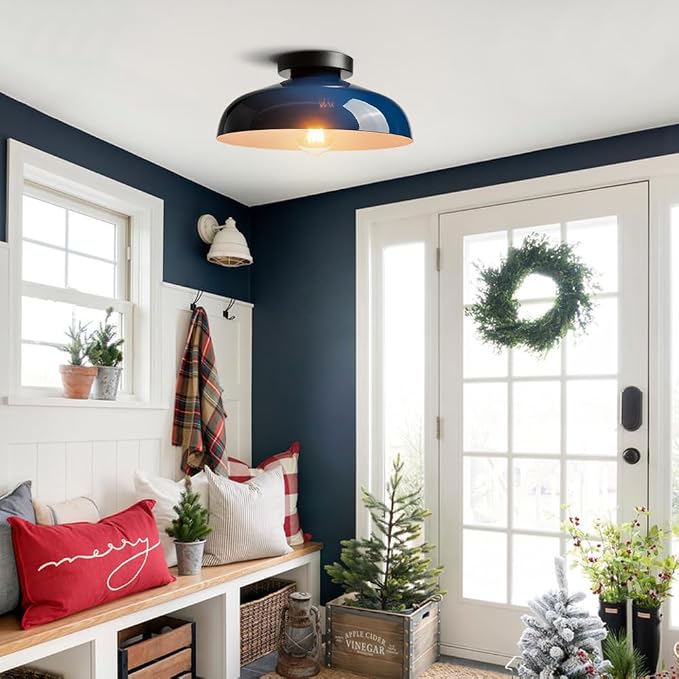 DIRYZON Industrial Blue Semi Flush Mount Ceiling Light, 12-Inch | Metal Ceiling Lighting Ceiling Light Fixture for Porch Kitchen Bedroom Living Room Hallway Entryway