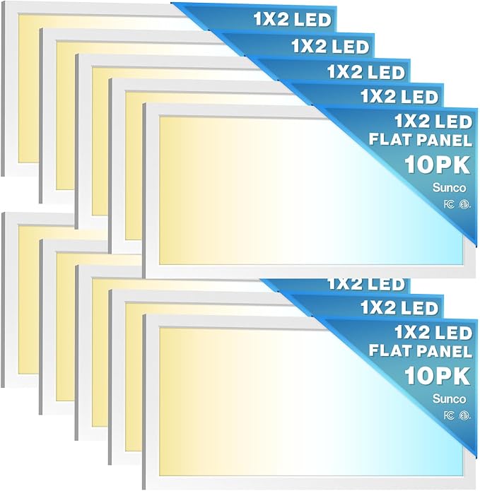 Sunco 10 Pack 1x2 LED Flat Panel Lights 3CCT Selectable, 16-20W, Dimmable | 2000LM, Selectable Wattage 16W/18W/20W, CCT 3500K/4000K/5000K, Office and Drop Ceiling Lighting Troffer Replacement