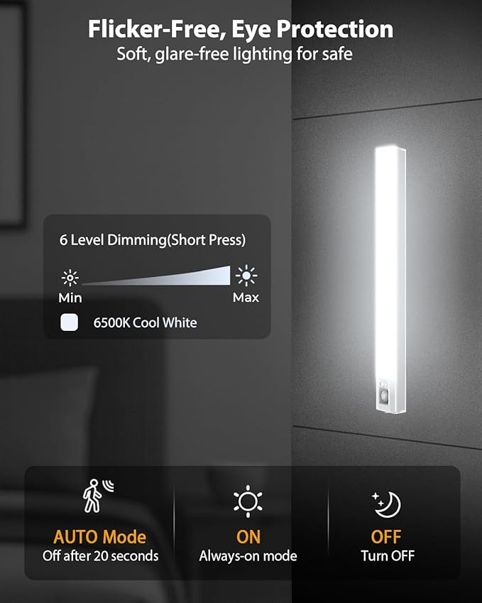 10” Under Cabinet Lighting, 68LEDS Motion Sensor Light Indoor, Rechargeable Battery Magnetic Closet Light, Wireless Under Counter Lights for Kitchen, Stairs, 4-Pack Daylight