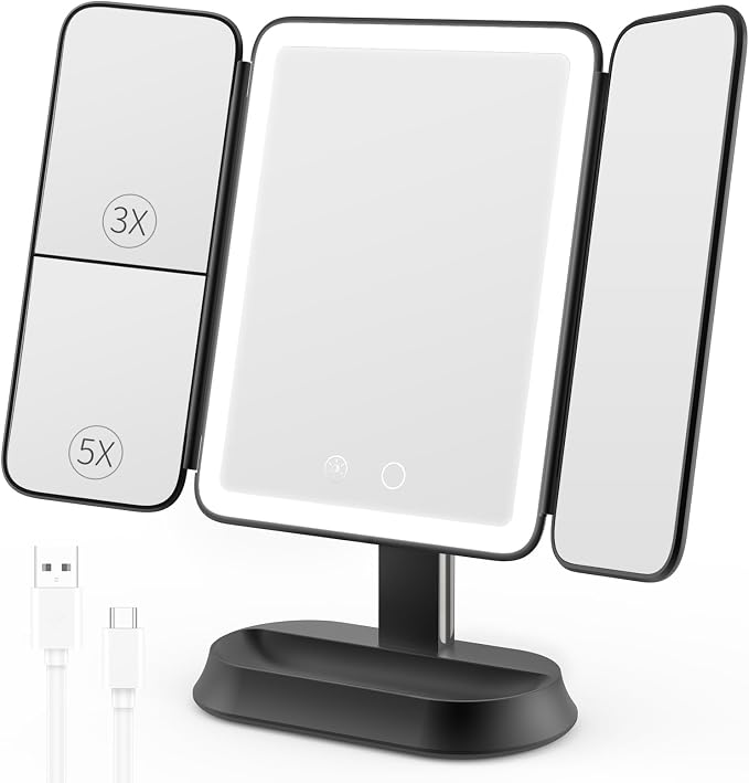 Rechargeable Lighted Makeup Mirror with 1X/3X/5X Magnification, Professional 3-Color LED Trifold Vanity Mirror, Smart Memory, Type-C Charging, Portable Beauty Mirror for Travel, Idea Gifts - Black