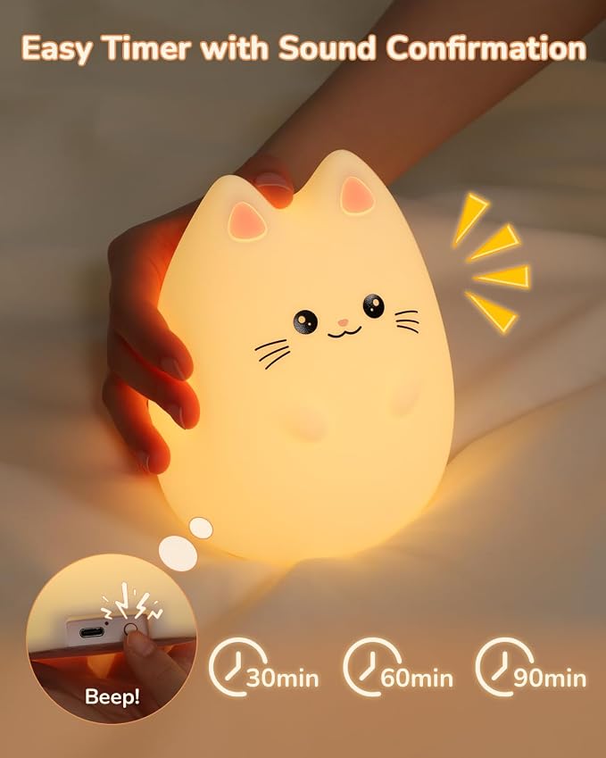 Night Light for Kids, LED Cat Squishy Animal Lamp for Baby, Soft Silicone Dimmable Bedside Touch Light with Timer, Battery Rechargeable Nightlight Girls Gifts Cute Room Decor 4.80 x 4.80 x 5.91 in