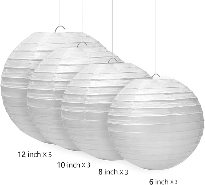 12 Pack White LED Paper Lanterns, 6" 8" 10" 12" Round Hanging Chinese/Japanese Ball Lanterns for Christmas, Valentine's Day, Easter, 4th of July, Christmas