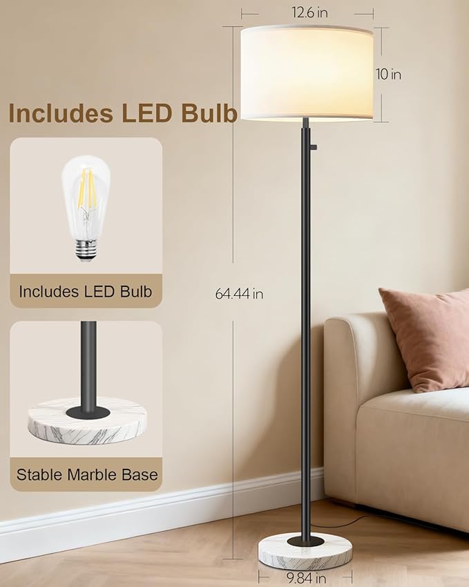 Floor Lamp,Modern Floor Lamps for Living Room,Standing Lamp with Marble Base,LED Bulb Included,Tall Dimmable Floor Lamp for Bedroom,Living Room,Office,Reading and Nursery