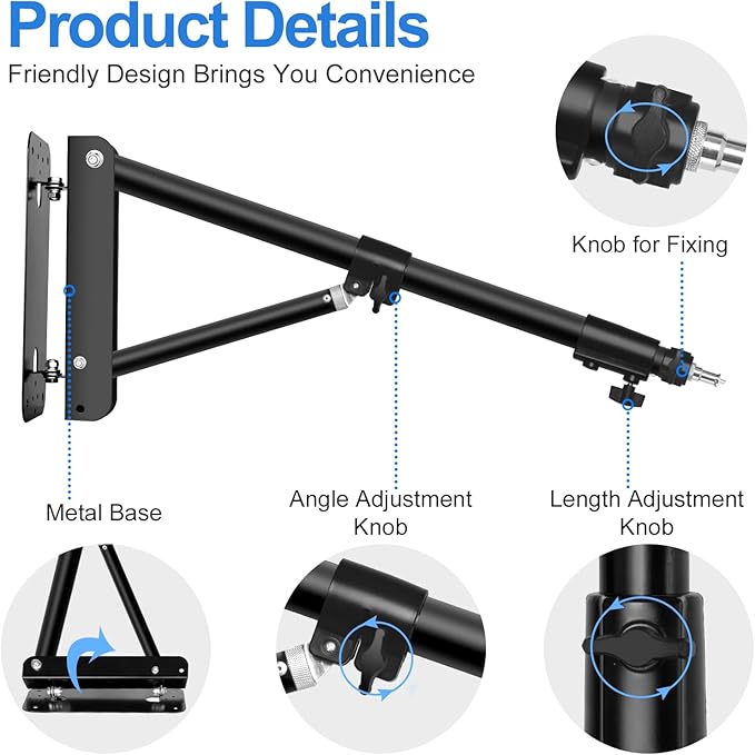 EMART Ring Light Wall Mount Boom Arm, Adjustable 51in/130cm Mounted Overhead Stand, 180°Rotation Heavy Duty Triangle Bracket Mounting Bar for Camera, Photography Lighting, Barber Led Lamp