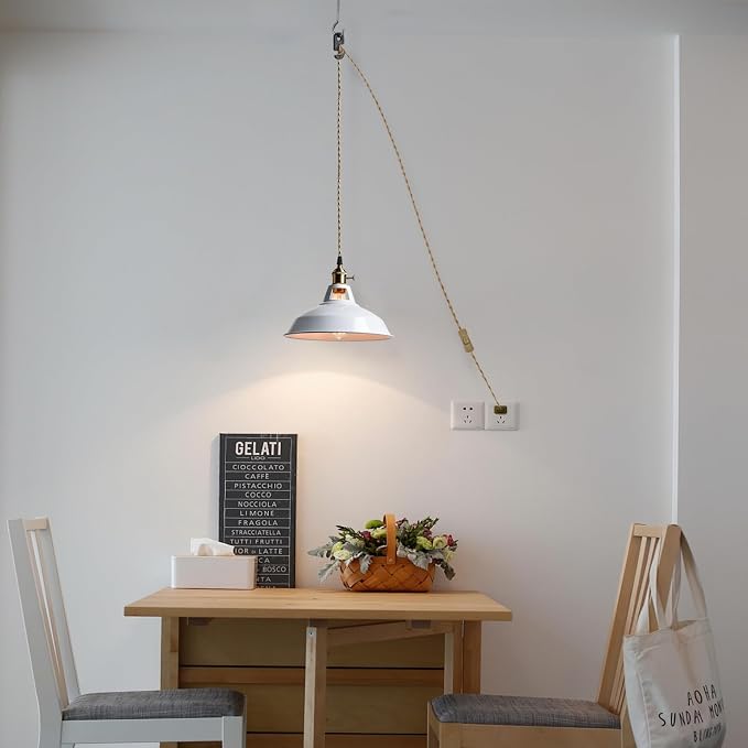 YUBOLE Nordic Plug in Pendant Light White Barn Shade with Dual Switches | 216.5" Plug Cord, Metal Barn Shade, On/off and Rotary Switches, E26 Removable Swag Light for Any Indoor Spaces