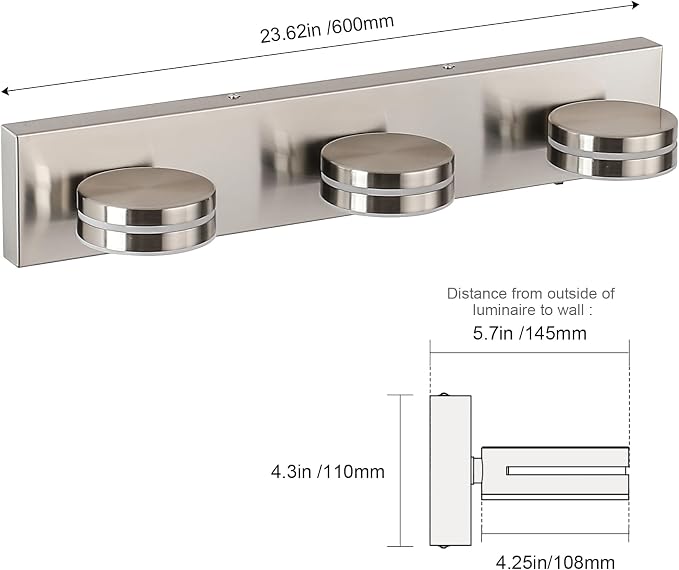 3-Light Bathroom Vanity Light 23.62in Brushed Nickel Vanity Light | 5CCT 18W LED Bathroom Light Fixtures Over Mirror,Dimmable 360°Rotate for Makeup Vanity Table Bathroom Mirror Bedroom