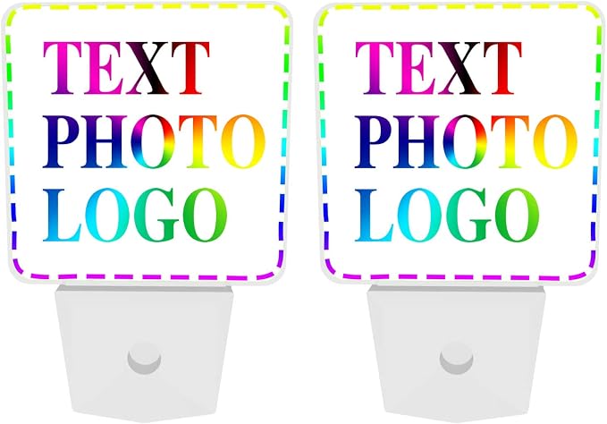 Personalized LED Plug-in Night Light 2-Pack with Pictures Text Logo, Custom Photo Auto Sensor Nightlights Set of 2 for Bedroom Bathroom Hallway Decor Gifts