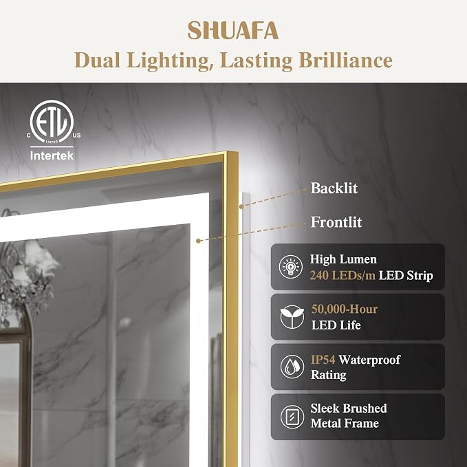 28X36 Inch LED Bathroom Mirror with Lights, Gold Frame Frontlit+ Backlit Bathroom Vanity Mirror for Wall, Ultra-Clear Tempered Glass, Shatter-Proof, Anti-Fog and Memory Function, ETL Listed