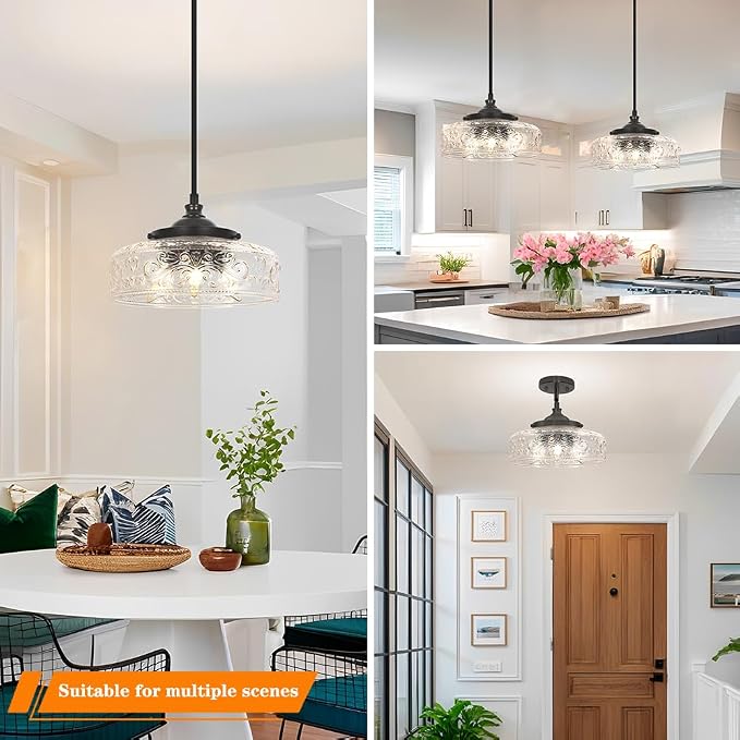 Black 3-Light Pendant Light with 12in Glass Shade, Farmhouse Pendant Lights Kitchen Island, Adjustable Hight & Angle Bathroom Pendant Ceiling Hanging Light Fixtures for Home Bedroom Hallway, 3*E12