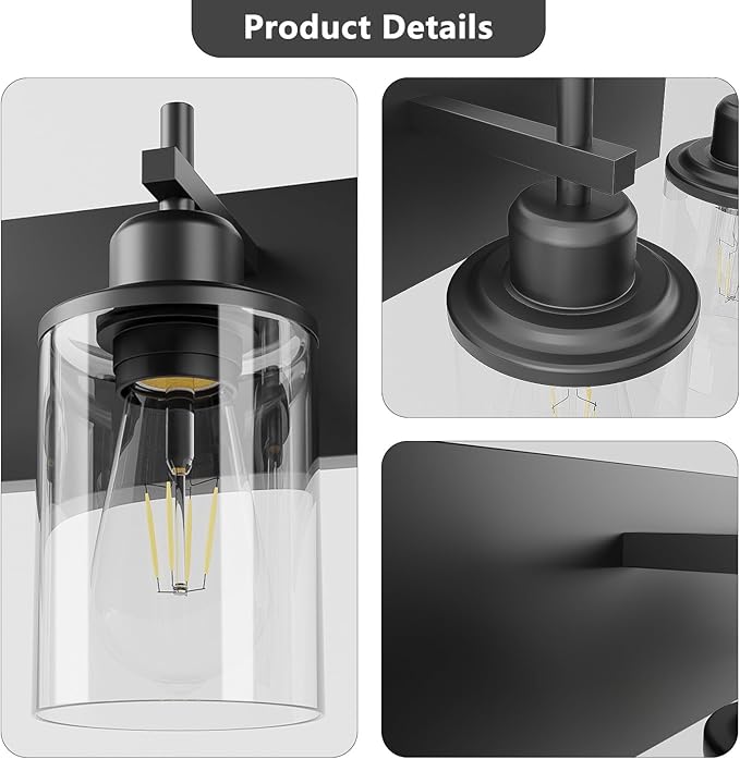 4-Light Black Bathroom Light Fixture Over Mirror Modern Farmhouse Bathroom Vanity Light Vintage Wall Lighting with Clear Glass Shade for Bathroom, Bedroom, Hallway, Cabinet