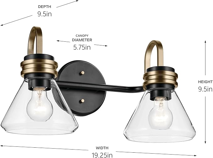 Kichler Farum 2-Light Bathroom Vanity Light, Black | Modern vanity light with clear glass for bathroom mirrors and powder rooms (19.25" x 9.5"), 55154BKCLR