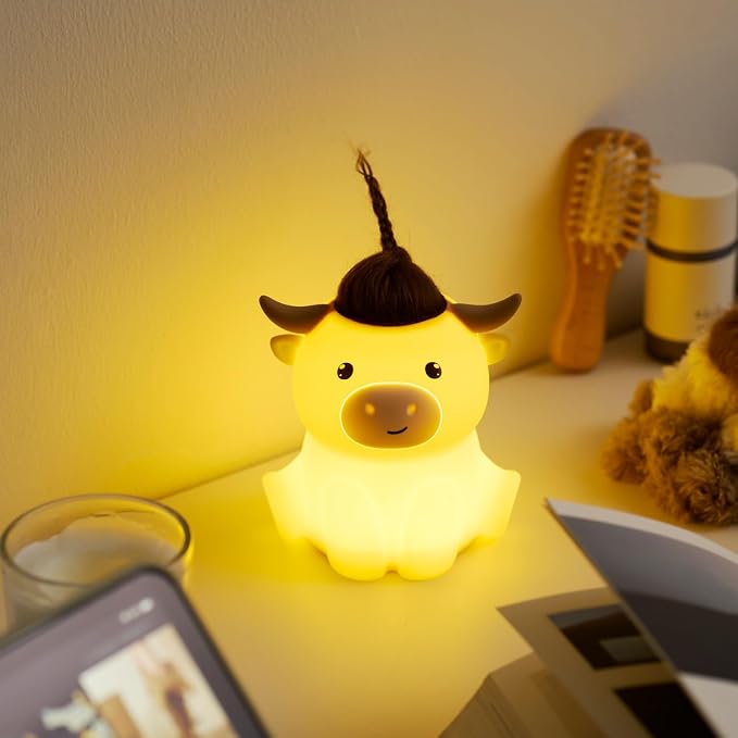 Cute Highland Cow Night Light, LED Squishy Night Lamp, 2 Levels Dimmable Timer Nursery Nightlight for Kids, Rechargeable Touch Lamp, Dorm Decor, Kids Funny Gifts (Highland Cow)
