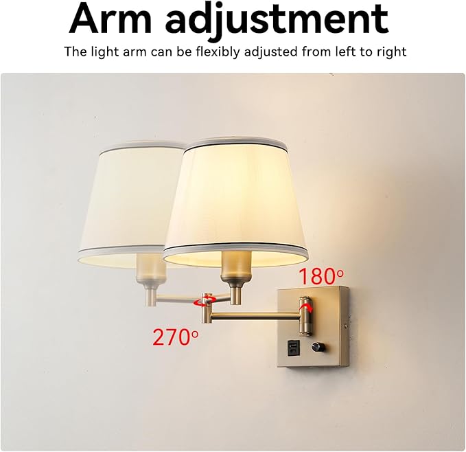 Swing Arm Wall Lamp with Type-C and USB Charging Port Wall Mounted Lamp with Dimmable Switch Plug in Wall Sconces White Fabric Shade Perfect for Bedside Living Room Reading Nook Office Satin Nickel