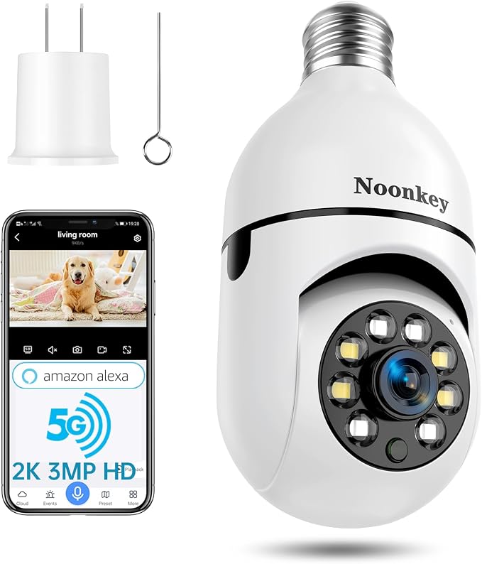 Noonkey 2K/3MP Light Bulb Security Camera, 5G& 2.4GHz WiFi Alexa E27 360° Light Socket Camera for Outdoor, Wireless WiFi Home IP Camera with Motion Tracking Alarm, Color Night Vision,Two-Way Talk