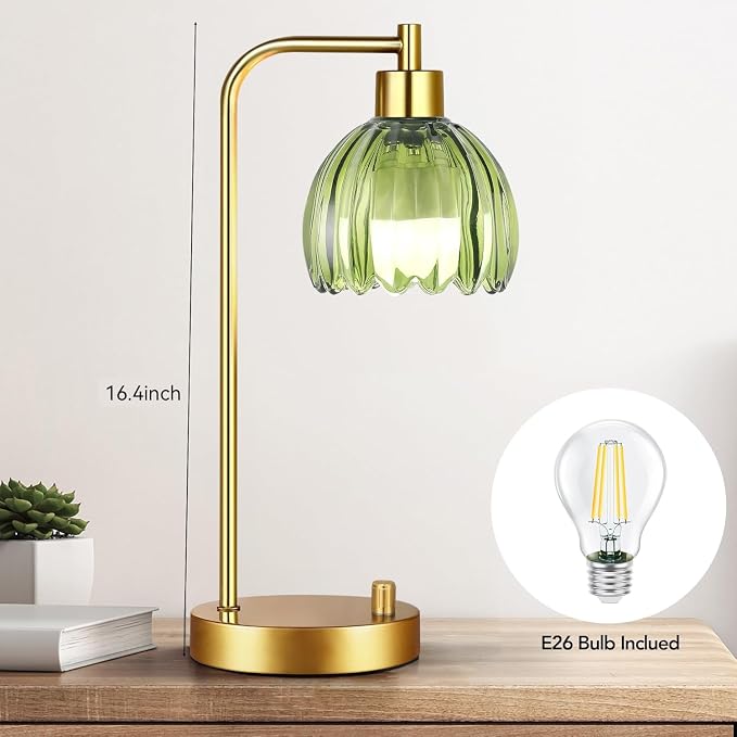 ILLMTW Green Table Lamp Set of 2,Small Glass Bedside Lamps Dimmable Boho Bedroom Lamp with Tulip Flower Lamp Shade,Gold Vintage Mid Century Modern Mini Nightstand Lamp for Bedroom Living Room