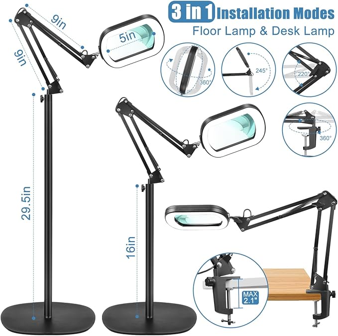 IVMAIE 10X Magnifying Glass with Light and Stand, Real Glass Lens, 5 Color Modes LED Dimmable Lighted, 3-in-1 Floor Lamp with Clamp, Hands Free Magnifier for Reading, Craft Close Work, Carbon Black
