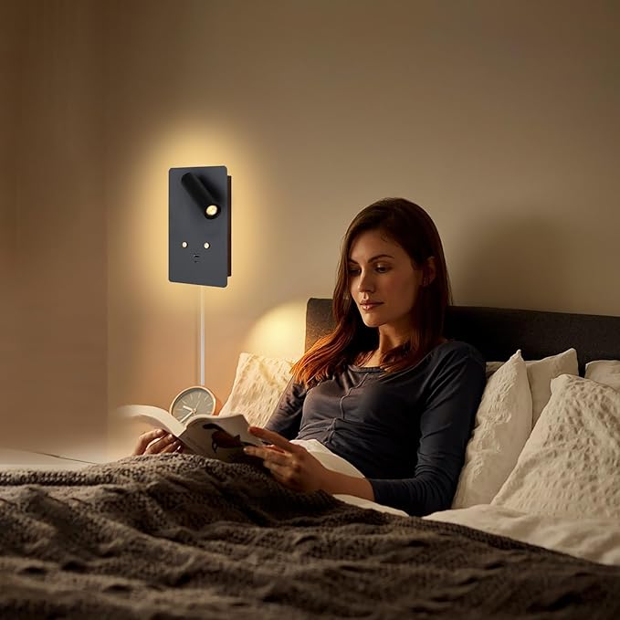 ZEROUNO LED Wall Mounted Reading Light, Adjustable Headboard Plug in Wall Sconce with USB C+A Ports, Touch Control Wall Sconce Lighting for Bedroom Bedside Lamps(Black