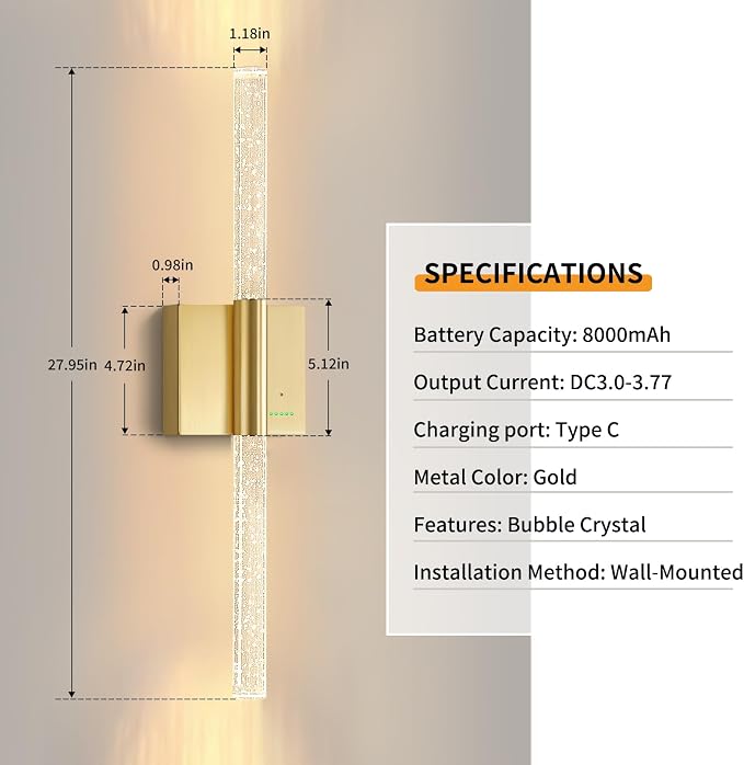 28” Wall Sconces Set of 2, Rechargeable Battery Powered Wall Light | Extra Large 8000mAh Battery Operated Dimmable Led Lamp Fixtures with No Hardwired, for Bathroom Cabinet Study Room, Gold