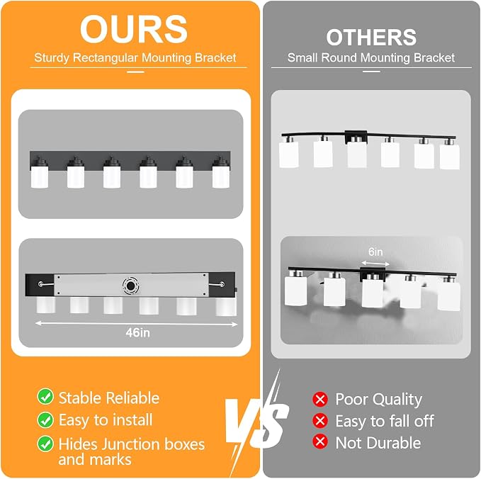 IZORRO Bathroom Vanity Light Fixture, 6-Light 46 Inch Matte Black Bathroom Light Fixtures Over Mirror, with White Glass Shade, Modern Farmhouse Vanity Lights, Rustic Restroom Lighting Fixtures