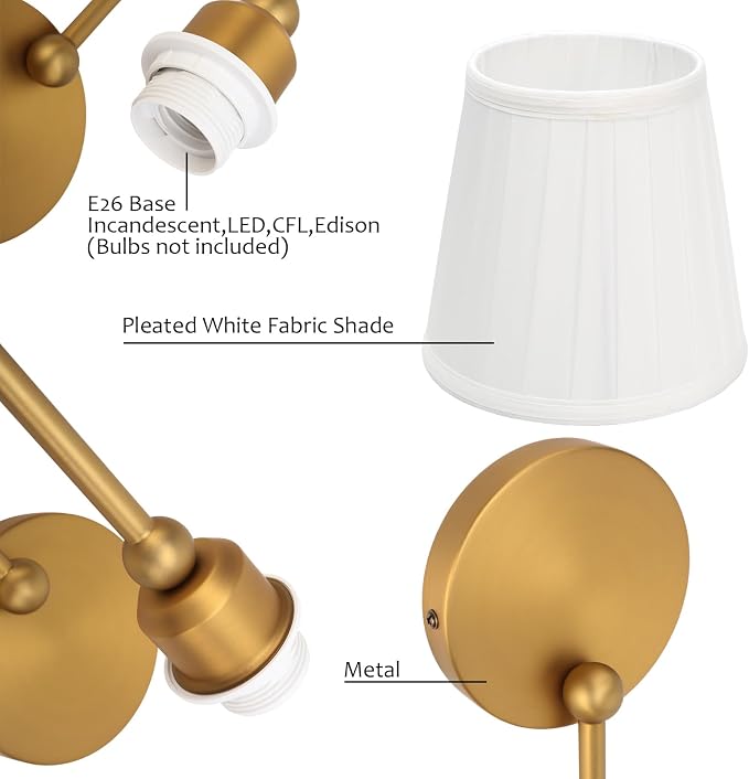 Hardwired Set of 2 Wall Sconces White Pleated Fabric Shade, Vintage Curved Arm Bathroom Vanity Lights, Indoor Wall Decor Lamp for Living Room, Bedroom, Foyer