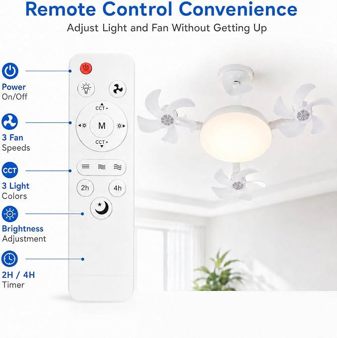 Socket Fan Light, Screw in Ceiling Fan with Remote, Light Socket Fan with LED Light, 3 Speeds, 3 Color Temperatures, Foldable E27 Fan Light for Bedroom Kitchen Garage (3 Head)