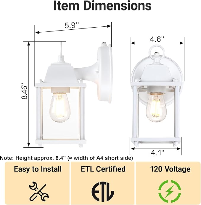 Outdoor Wall Light Fixture, Rustproof Aluminum, Clear Glass | Dusk to Dawn Exterior Porch Light Wall Sconce Lantern for House, Patio, Garage, Waterproof, E26 Socket 60W Max, White, 2 Pack