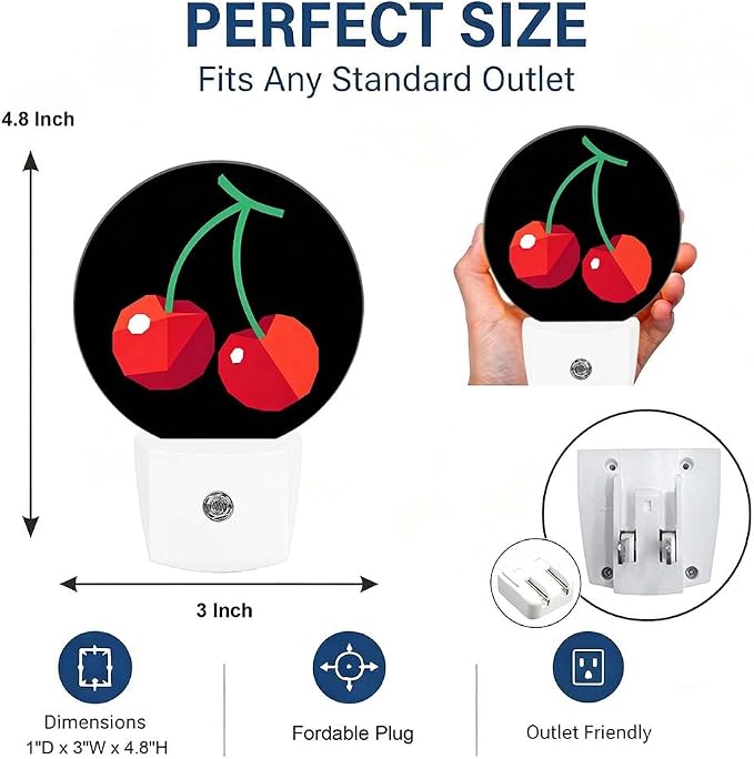 Nightlight Red Cherry Plug-in Night Lights Dusk to Dawn | Sweet Fruits Printed Night Light LED Round Lamp with Auto on/off Sensor for Kitchen Hallway Bedroom Bathroom