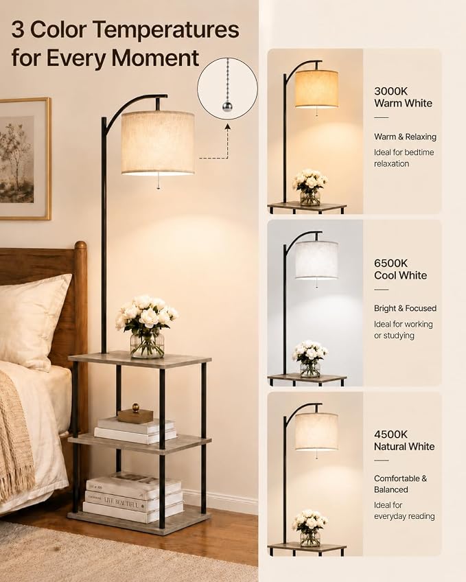 GERGO Floor Lamp with Table, Side Table for Living Room, 3 CCT 9W LED Bulb | Adjustable Linen Shade & Pull Chain, Modern Coffee End Table, Night Stand with Storage Shelves for Bedroom, Office Home Décor