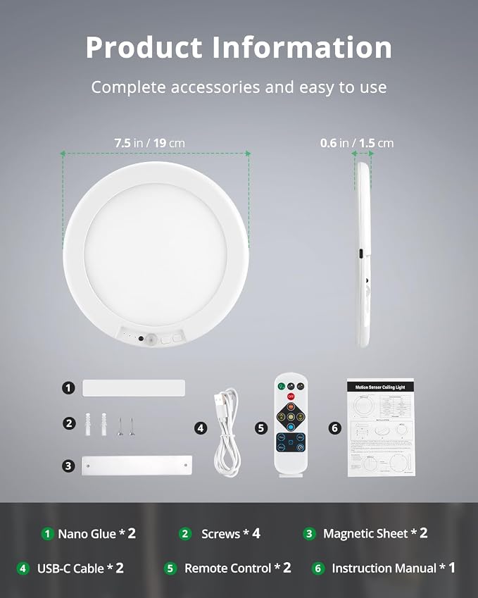 Bojim Rechargeable Motion Sensor Ceiling Lights for Closet Battery Operated | 2 Pack Magnetic Wireless Waterproof Shower Light Dimmable 3CCT No Wiring for Pantry Laundry lámparas recargables para techo