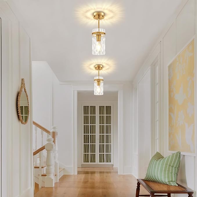 Brushed Gold Pendant Lights Kitchen Island, Modern Hammered Glass Pendant Lighting Over Island Adjustable Kitchen Hanging Light Fixtures Mini Pendant Light for Bathroom Dining Room Hallway Foyer