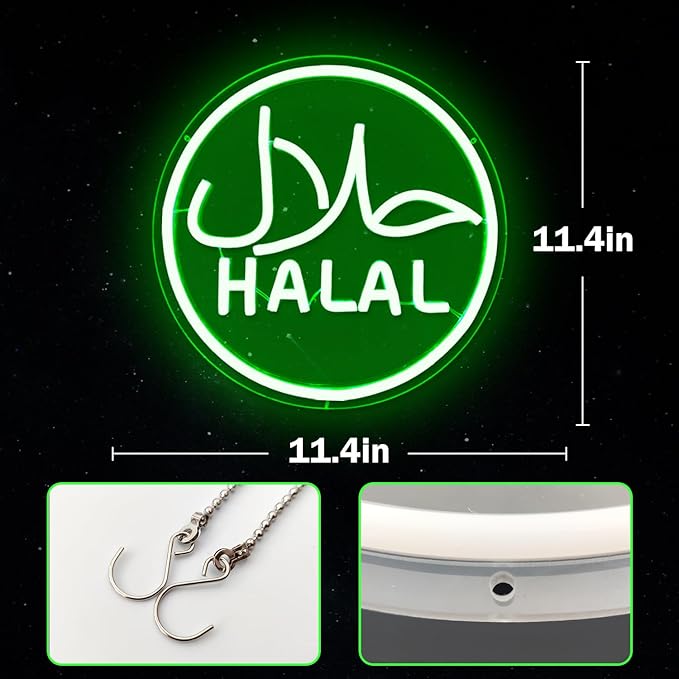 Halal Neon Signs for Wall Decor Dimmable Led Green Restaurant Neon Light Signs for Beef Chicken Candy Snack,Halal Hanging Door Sign Light