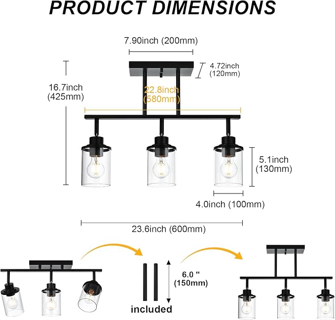 Yaohong Black Track Light Fixtures Ceiling, 3 Light Bathroom Vanity Lights | Modern Kitchen Tracking Lights Flexibly Rotatable Light Head, for Living Room, Bedroom, Hallway, Shop
