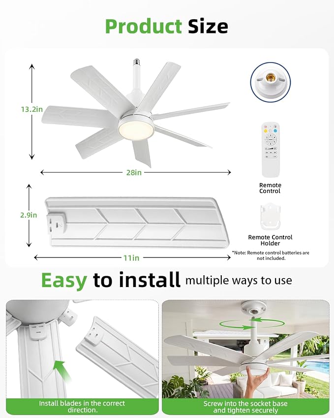 28 Inch Socket Fan Light with Remote Control, Screw in E26/E27 Ceiling Fan with LED Light, 3000-6000K Dimmable Color Temp, 6 Speeds, Timer, for Bedroom Kitchen Living Room Garage, 2-White