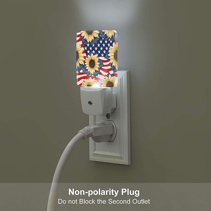 Sunflowers Red and White Lines LED Plug-in Night Lamp 2 Piece Set, Auto Sensor Nightlights Set of 2 for Bedroom Bathroom