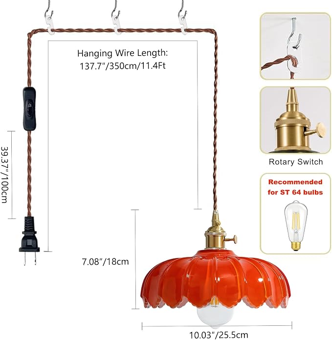 XZHGCEE Plug in Pendant Light: Hanging Light Plug in Orange Glass Hanging Lamp, Pendant Lighting for Kitchen Island, Bedroom, Dining Room, Living Room, E26 No Bulb