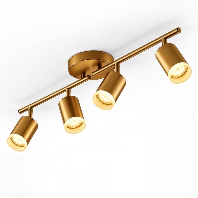 Bojim Track Lighting Fixtures Ceiling Mount for Kitchen, Gold 4 Way LED Spot Lights Indoor, Flexible Modern Track Light GU10 Socket for Dining Room, Bulbs Not Included