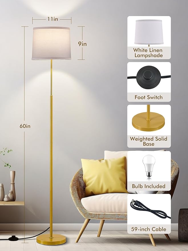 60" Modern Floor Lamp for Living Room Bedroom, Standing Lamp with White Linen Lampshade, Tall Lamp with A19 9W 3 Color Temperature Bulb, Foot Switch Control, Gold