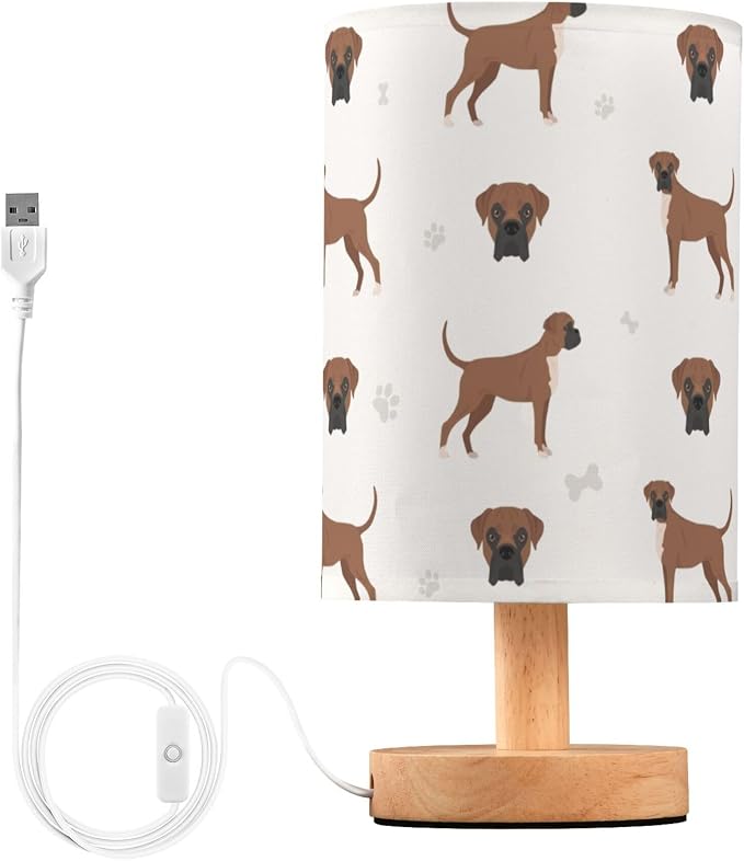 Table Lamp Boxer Dog Pattern Nightstand Lamp with Wood Base Fabric Lamp Shade Bedside Desk Lamp for Living Room Bedroom Kids Room Office