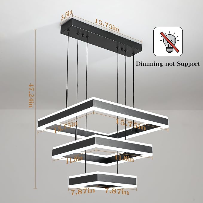 O'NEELDY LED Pendant Light Fixture, 20.47'' Modern Chandelier Square Rings Adjustable Height Black Pendant Lighting 3 Lights Kitchen Island Chandeliers for Dining Room, 6000K
