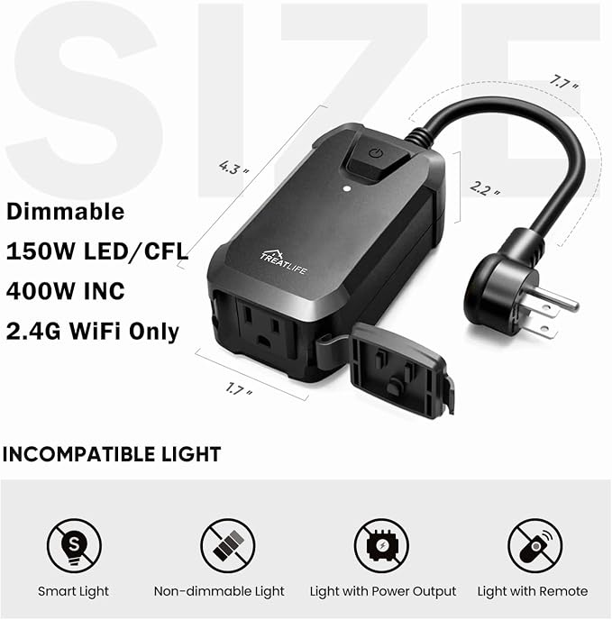 TREATLIFE Smart Dimmer Plug Outdoor Smart Plug Works with Alexa and Google Home, Light Dimmer APP Remote Control, Max Power 400W, IP44 for Dimmable Outdoor String Lights, Floor Lamp, Table Lamp