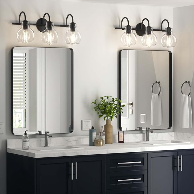 Black Vanity Light, Modern 3 Light Bathroom Light Fixtures Over Mirror Matte Black Bathroom Vanity Light with Globe Glass Shade, E26 Base, 17 Inch, UL Listed