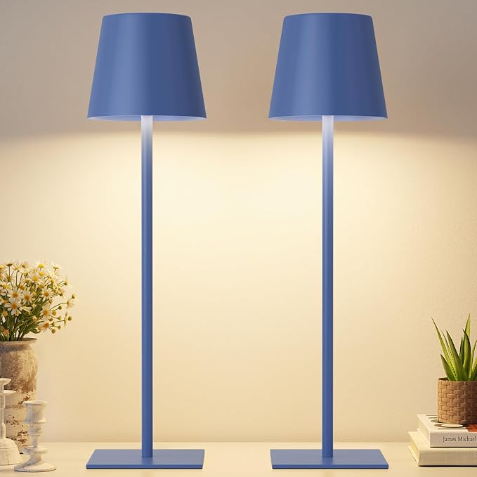 Kakanuo Navy Blue Rechargeable Table Lamp, 2 Pack Cordless Desk Lamp with 5000mAh Battery, Touch Control Stepless Dimming, Wireless Night Light for Dining, Outdoor Camping, Coffee Shop